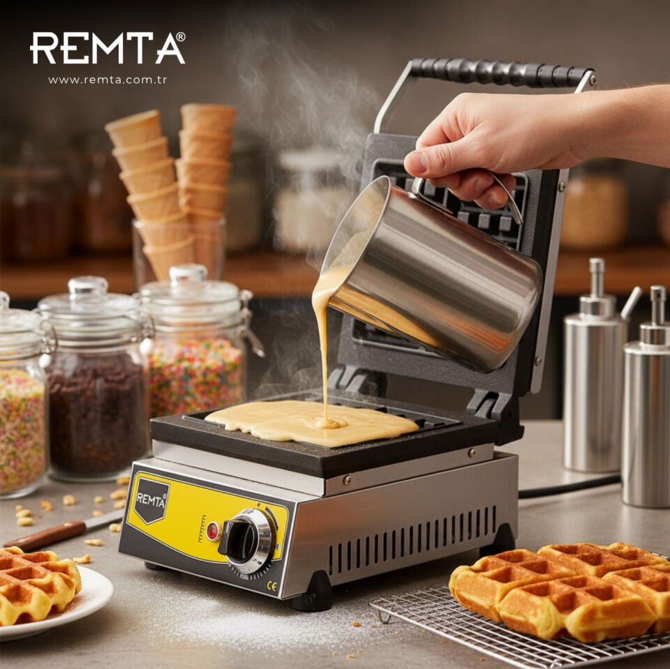 Remta Tekli Profesyonel Waffle Makinesi Teflon Döküm Plakalı 2000W